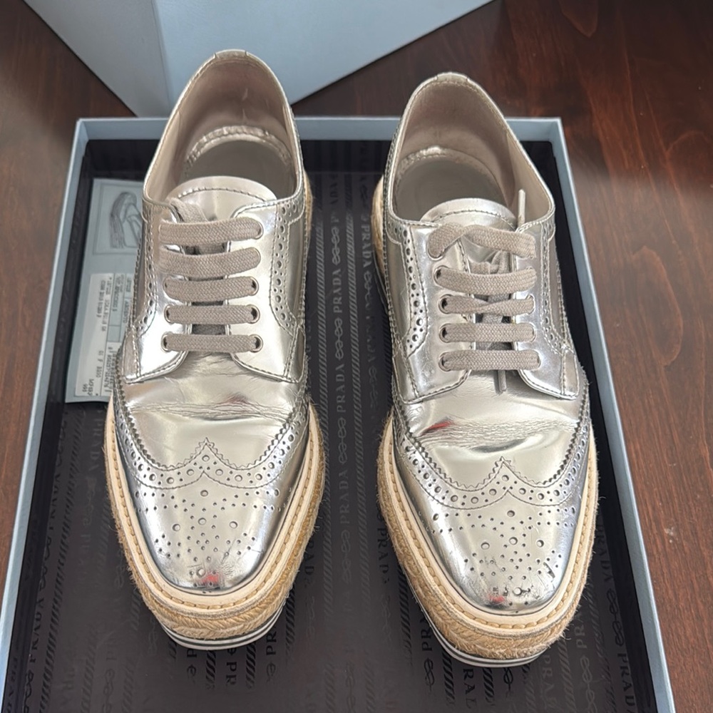 Prada Metallic Silver Espadrille Shoes
